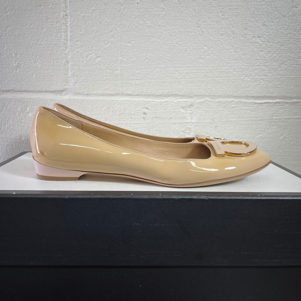 Salvatore Ferragamo Nude Patent Leather Gancini Logo Flats Slip On Women's 7 B